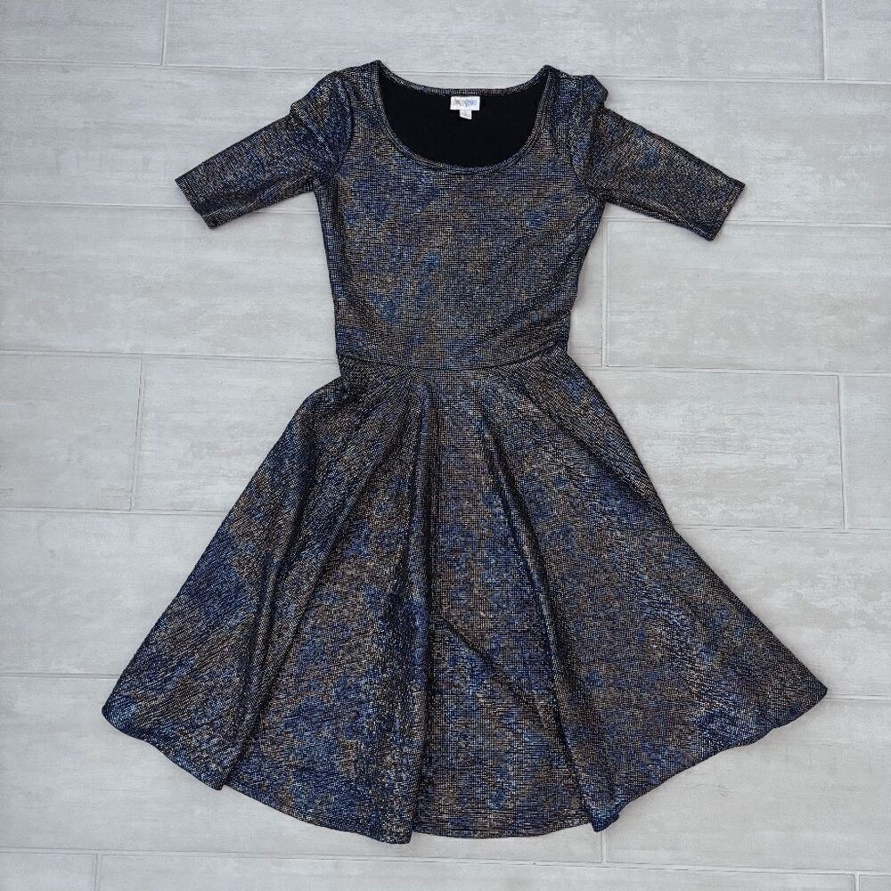 Lularoe Elegant Nicole Dress Rainbow Mermaid Swing Shimmer Iridescent Oil Slick